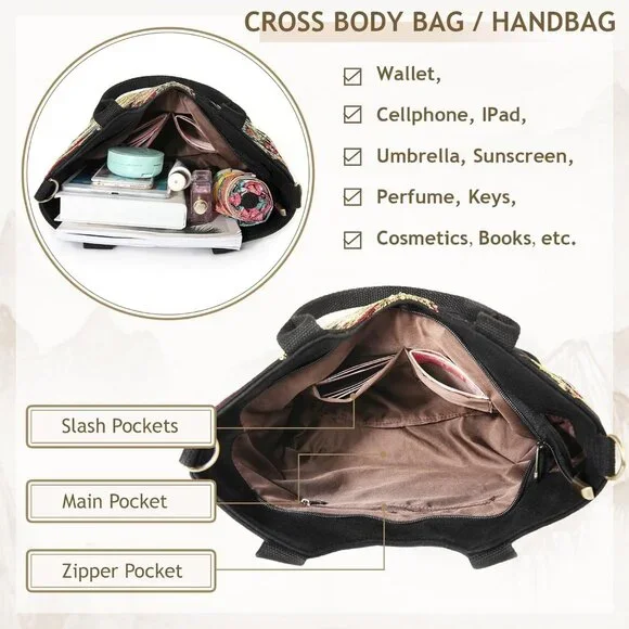 Women's Sequin Embroidery Bird Small Canvas Stylish Casual Shoulder Bags - Picture 5 of 6